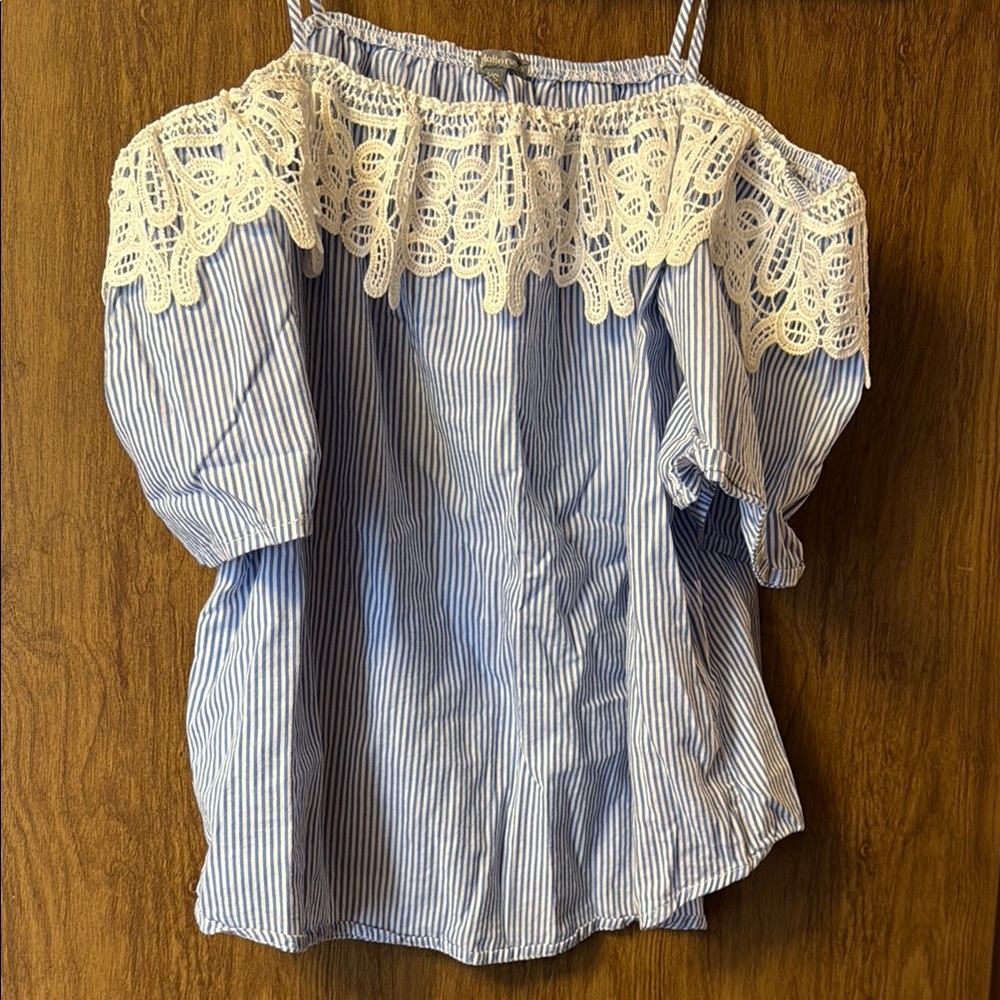 Blue Striped Off-Shoulder Top with Lace Detail - Charlotte Russe